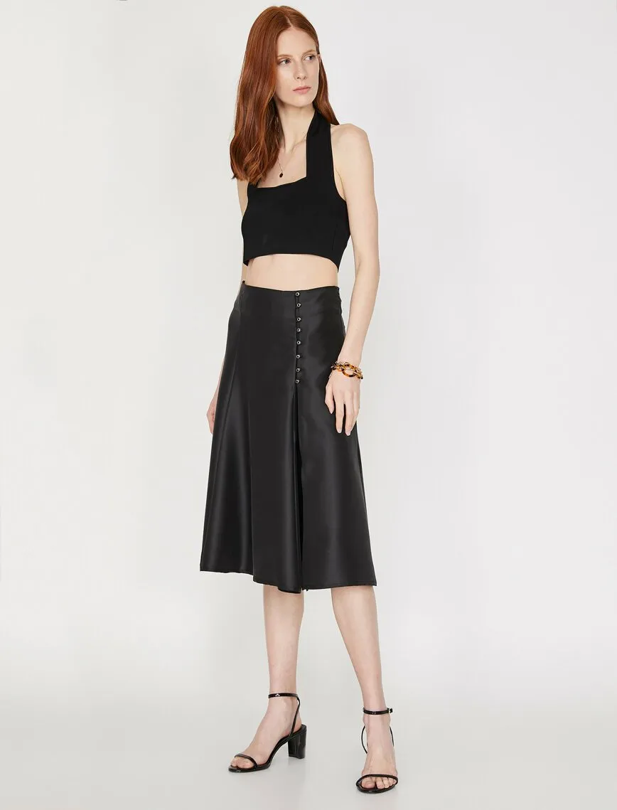 11813 Black Slit Detailed Midi Skirt