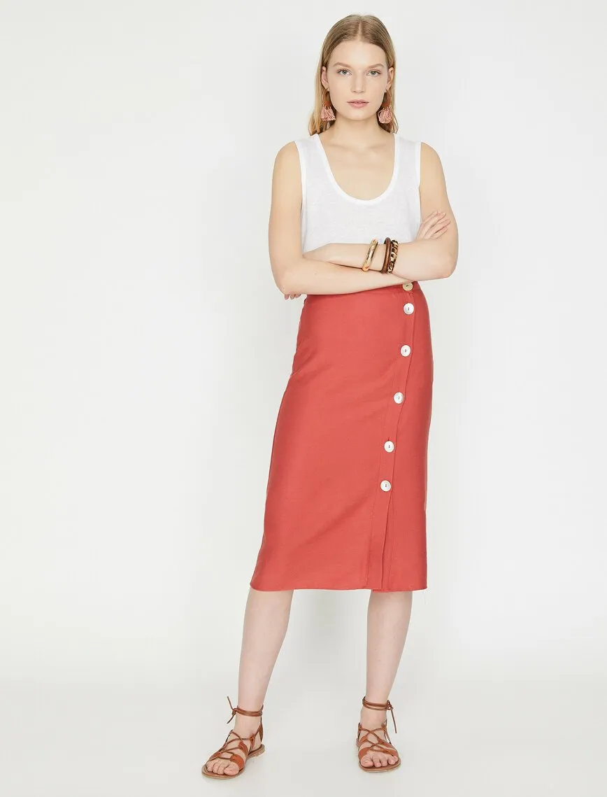 11967 Terracotta Button Detailed Midi Skirt