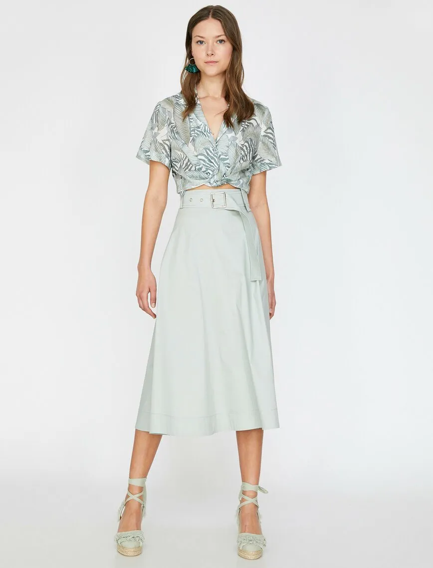 11997 Mint Waist Detailed Midi Skirt