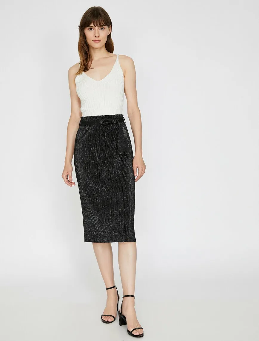 12091 Black Shimmer Detailed Midi Skirt