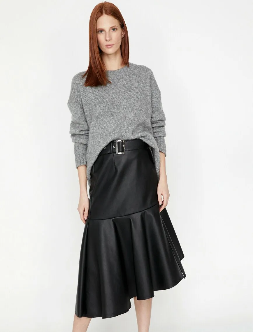 12098 Black Leather Look Midi Skirt