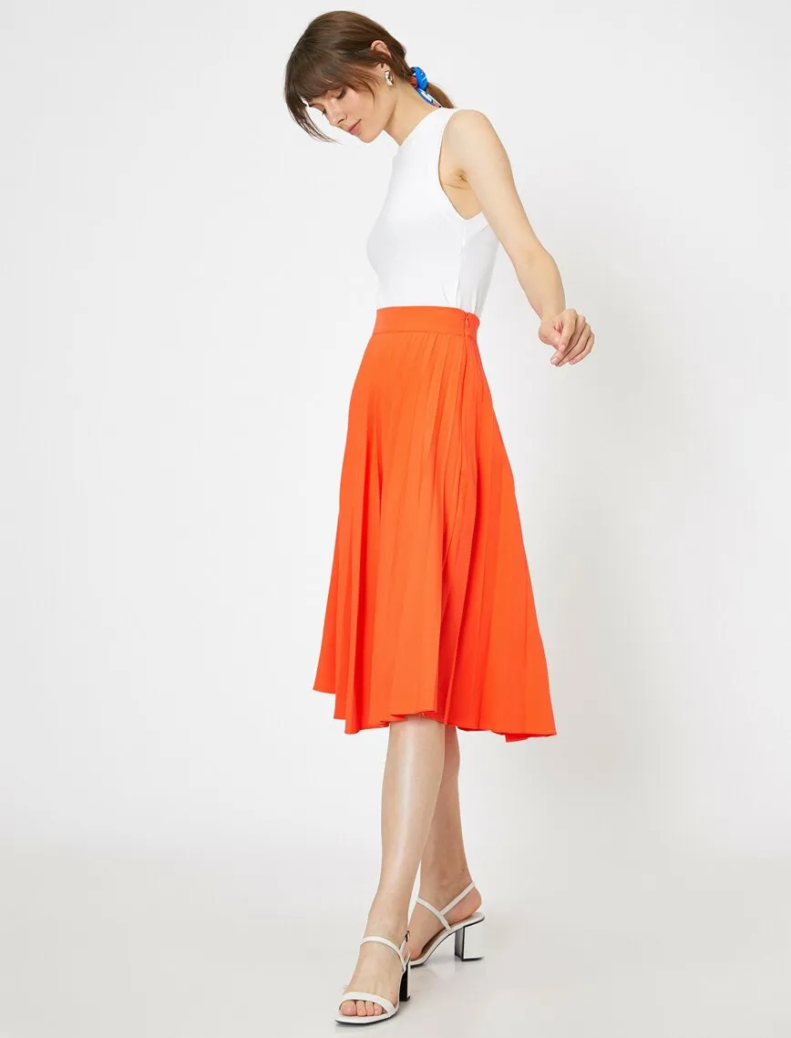 12101 Orange Frill Detailed Midi Skirt