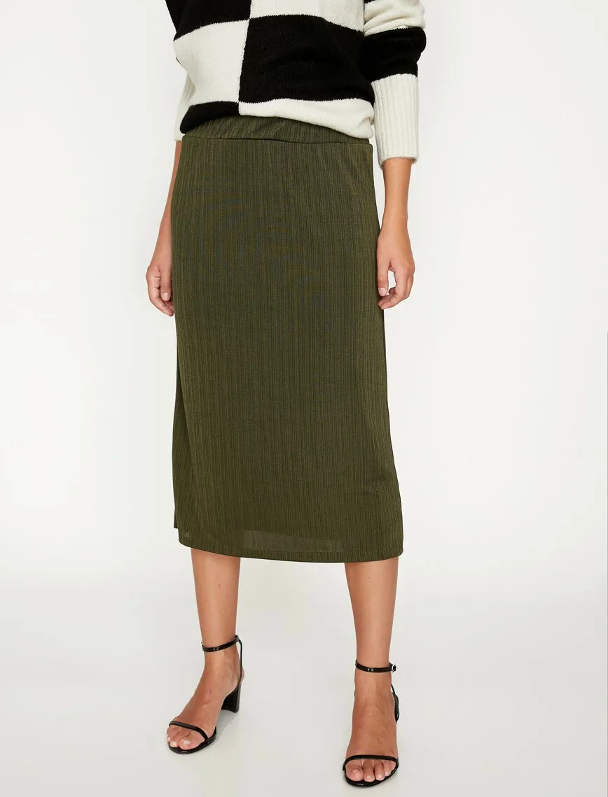 12224 Khaki Slim Fit Midi Skirt