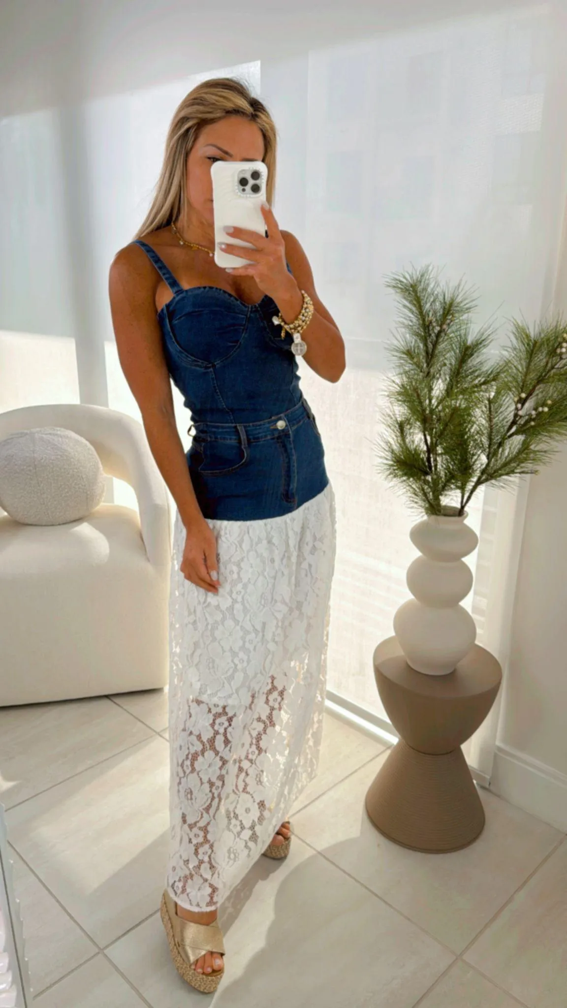 2288 Denim corset top and lace midi skirt set