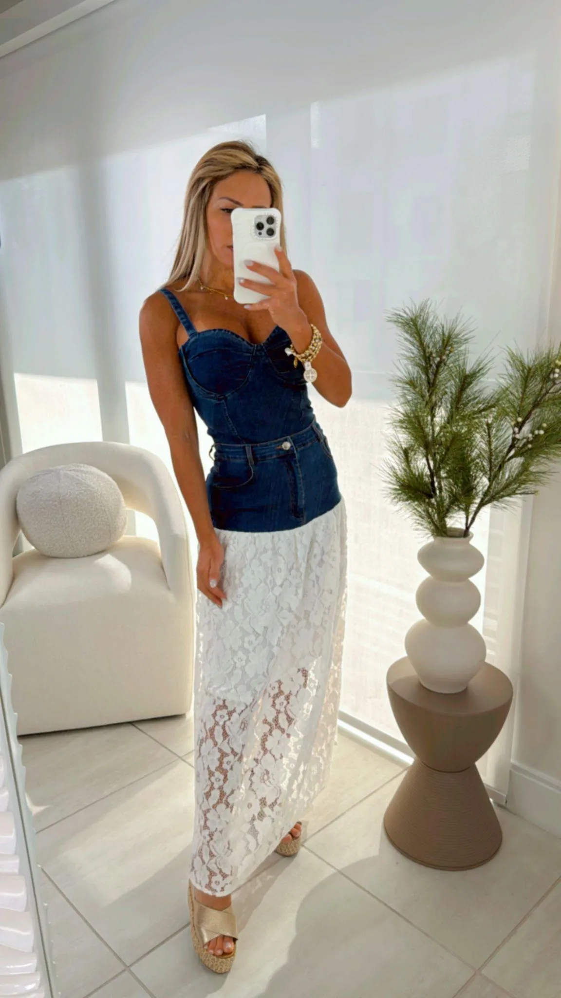 2288 Denim corset top and lace midi skirt set