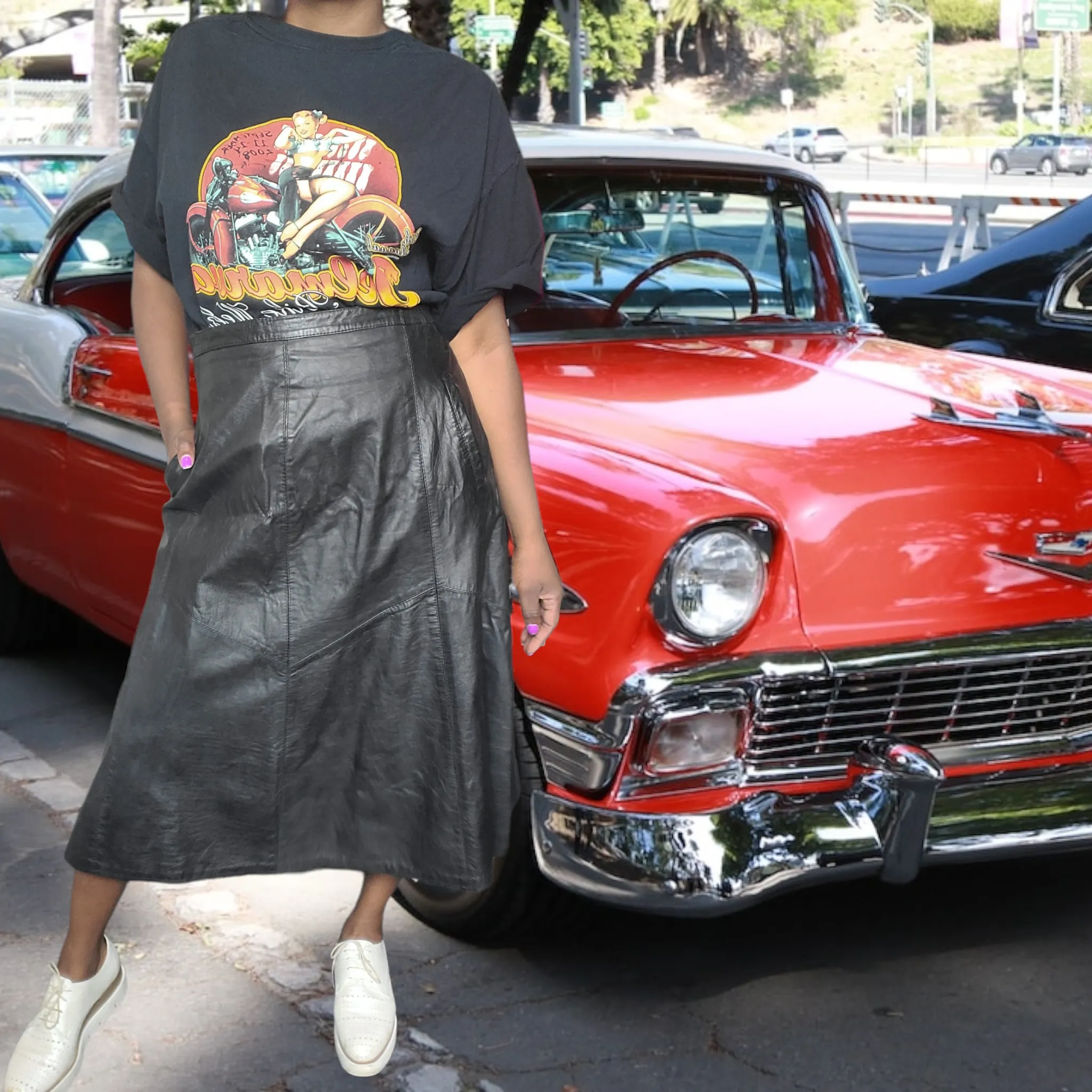 80s Vintage Black Leather Skirt Size XXL