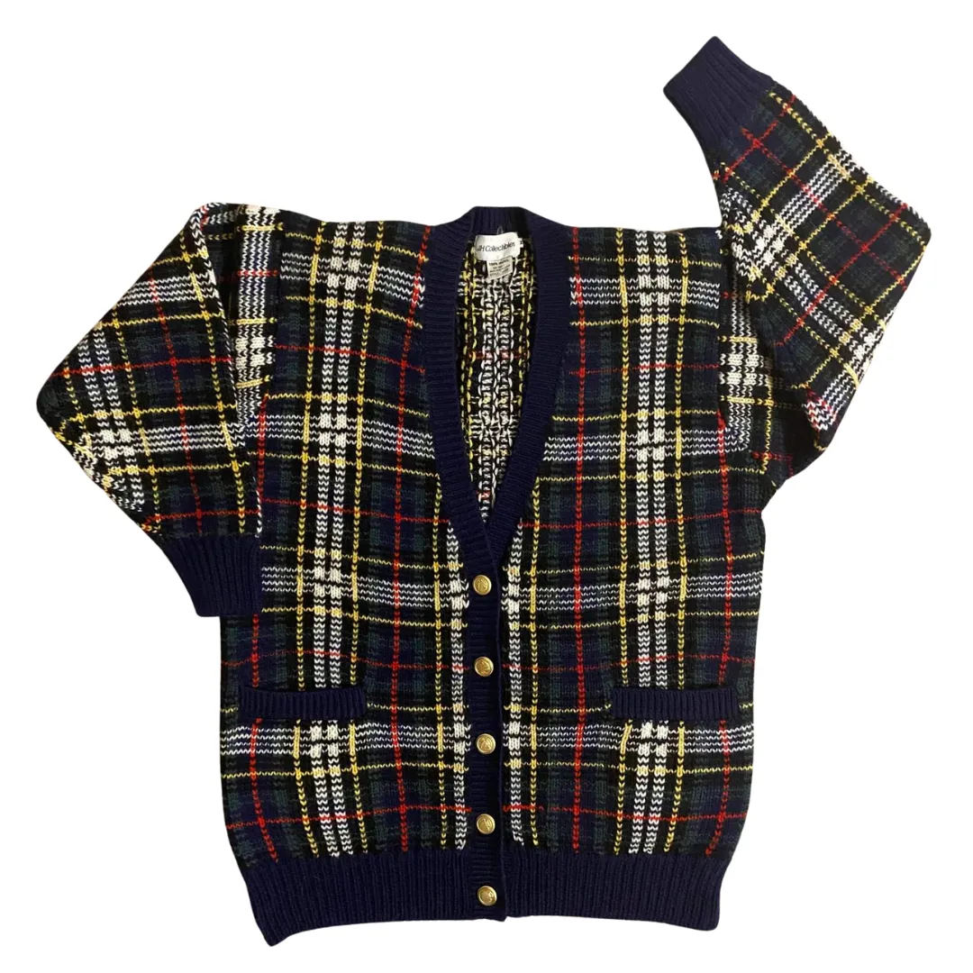 90s VINTAGE KNIT PLAID GOLD BUTTON CARDIGAN