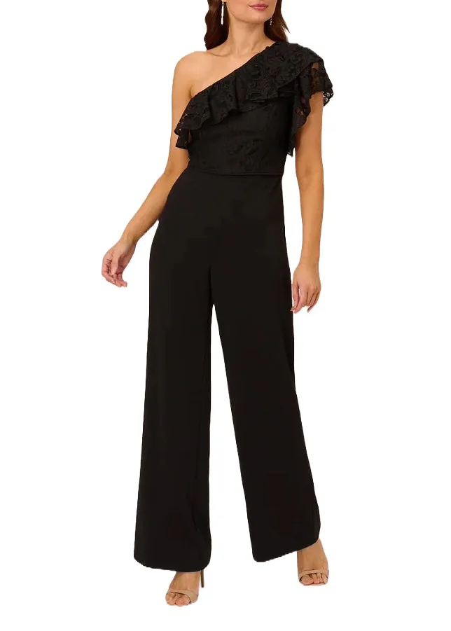 Adrianna Papell one shoulder lace ruffle zipper closure wide leg crepe jumpsuit