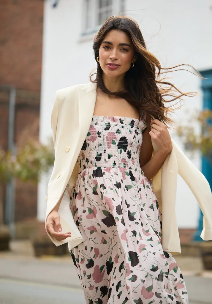 Annie Smocked Peony Print Midi Dress In Cream