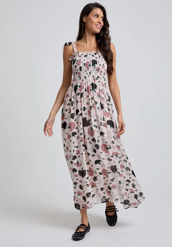 Annie Smocked Peony Print Midi Dress In Cream