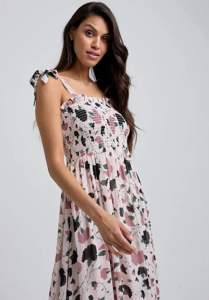 Annie Smocked Peony Print Midi Dress In Cream