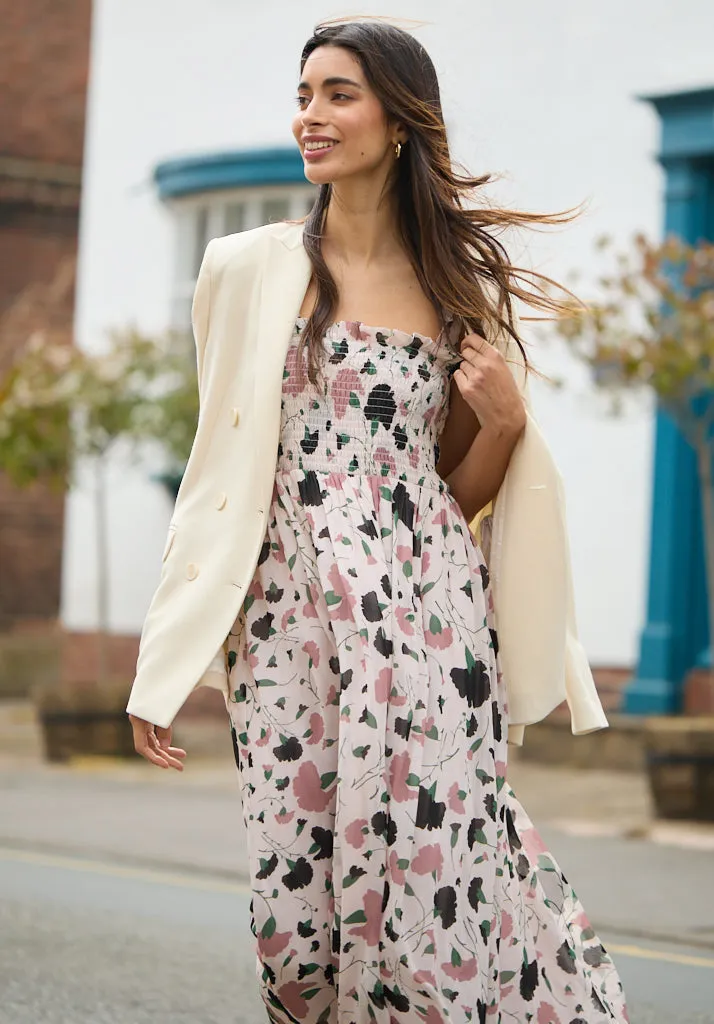 Annie Smocked Peony Print Midi Dress In Cream