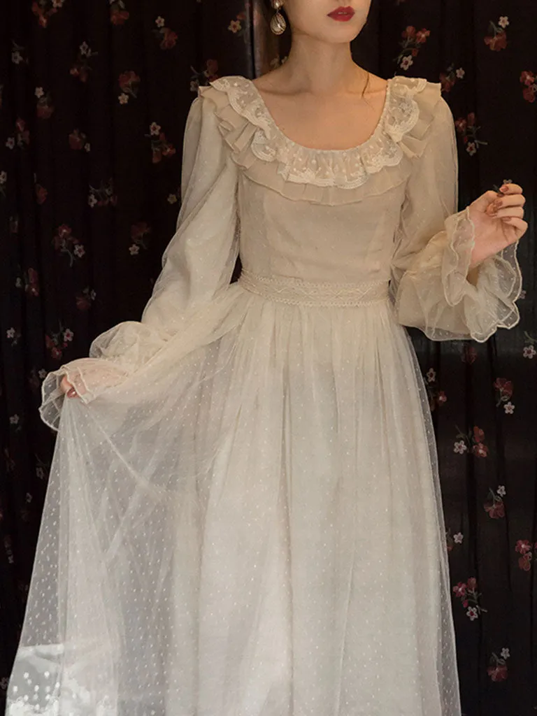 Apricot Ruffles Lace Puffed Sleeve Swing Victoria's Fairy Dress