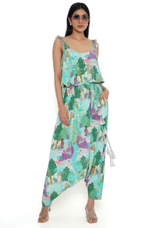 Aqua Kuno Print Crepe Embroidered Jumpsuit