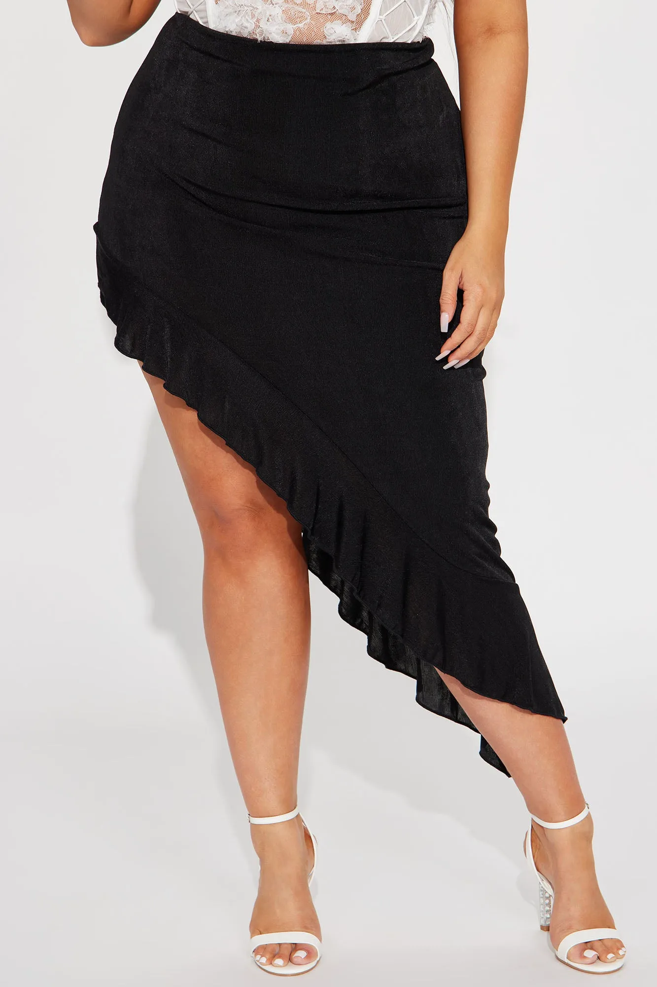 Azaria Ruffle Slinky Midi Skirt - Black