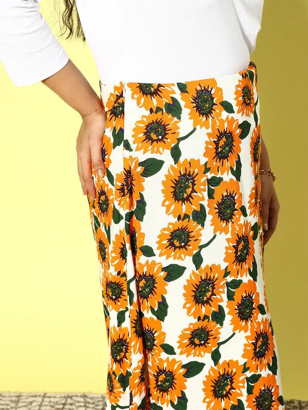 Berrylush Women Plus Size White & Mustard Sunflower Printed Thigh-High Slit Flared A-Line Midi Skirt