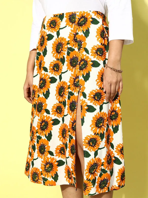 Berrylush Women Plus Size White & Mustard Sunflower Printed Thigh-High Slit Flared A-Line Midi Skirt