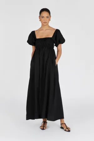 BIANCA BLACK LINEN MIDI DRESS