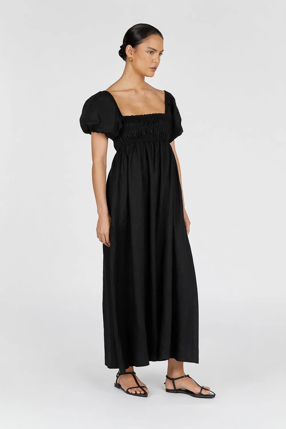 BIANCA BLACK LINEN MIDI DRESS