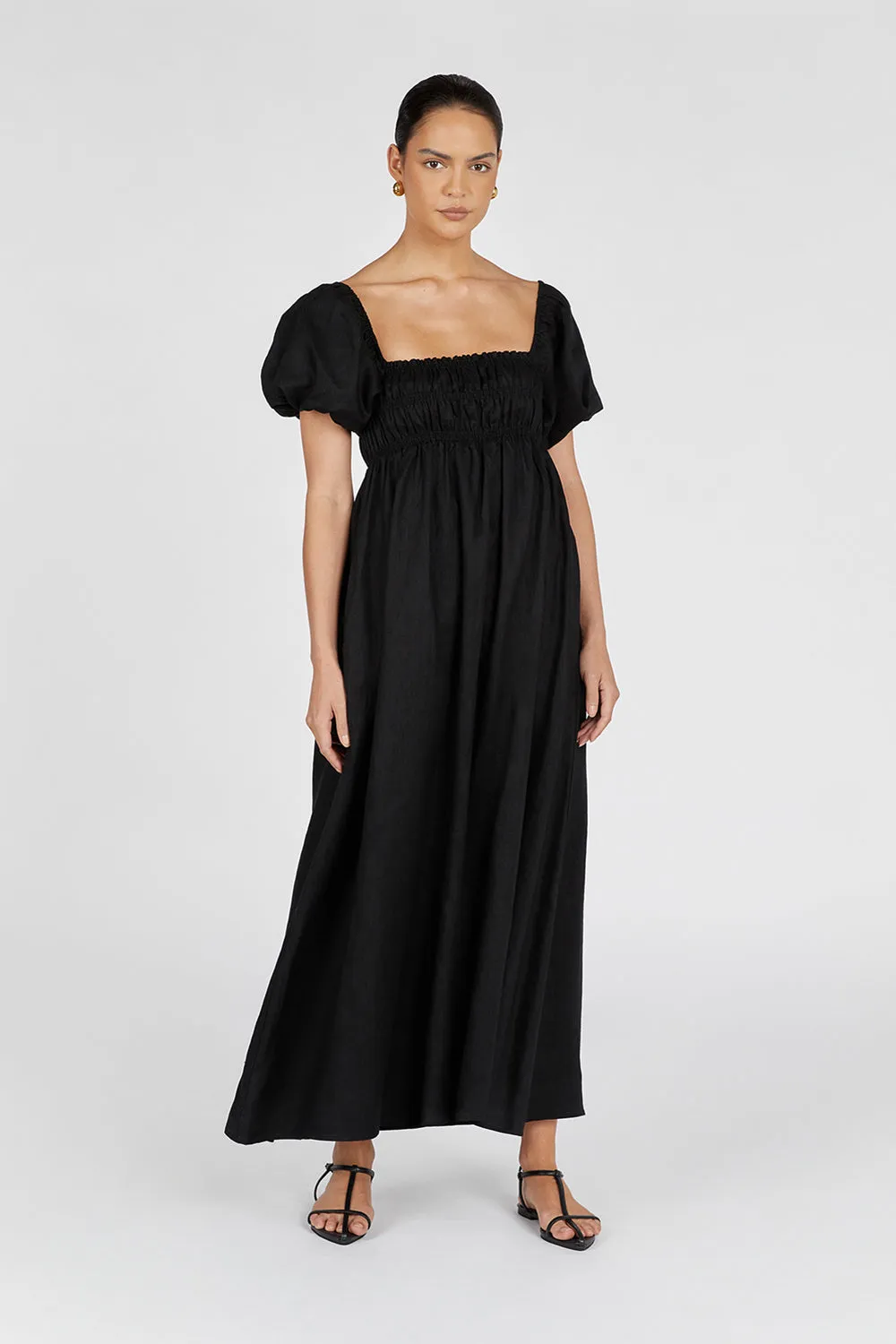 BIANCA BLACK LINEN MIDI DRESS