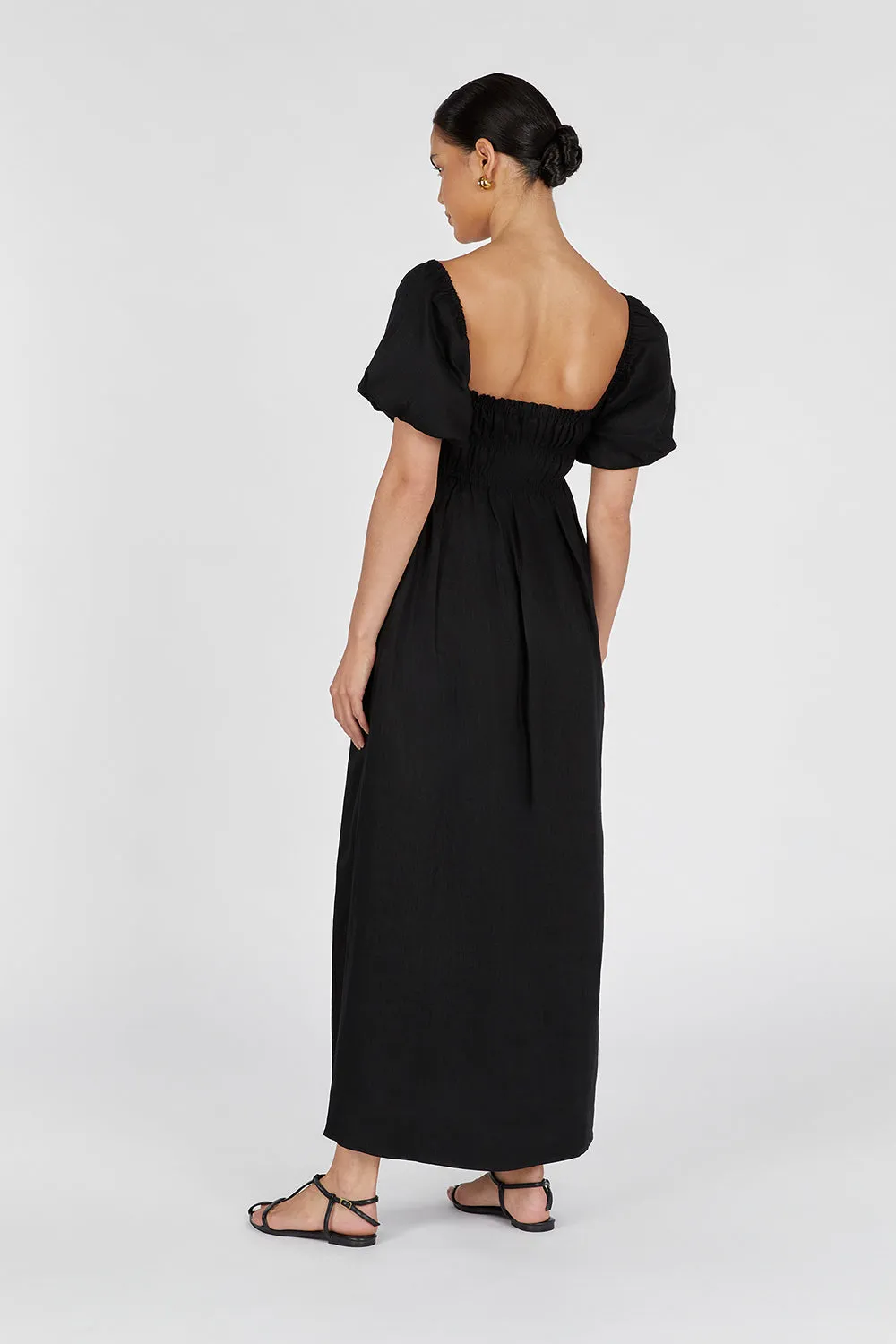 BIANCA BLACK LINEN MIDI DRESS