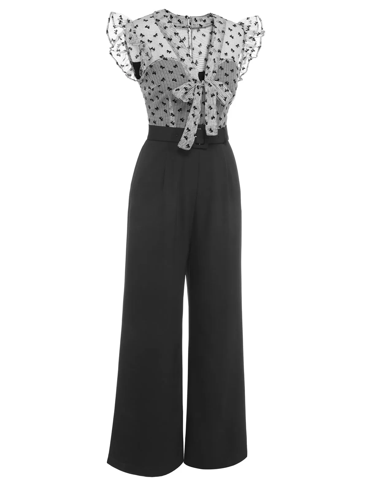 Black 1930s Mesh Bow-knot Patchwork Jumpsuit