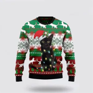 Black Cat Light Christmas Ugly Christmas Sweater For Men And Women, Best Gift For Christmas, Christmas Fashion Winter