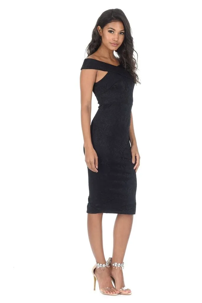 Black Cross Over Lace Midi Dress