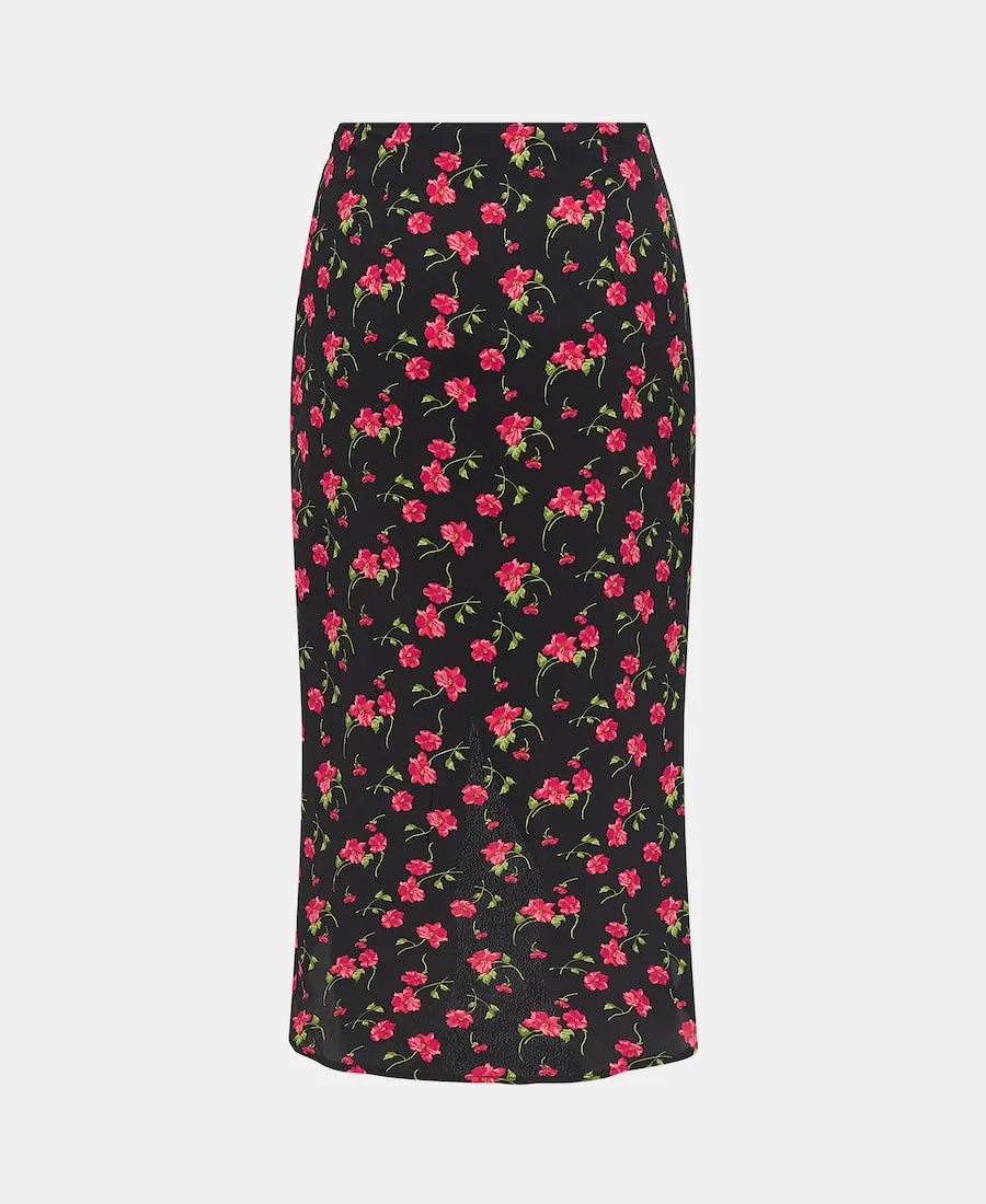 Black Floral Ruche Side Midi Skirt