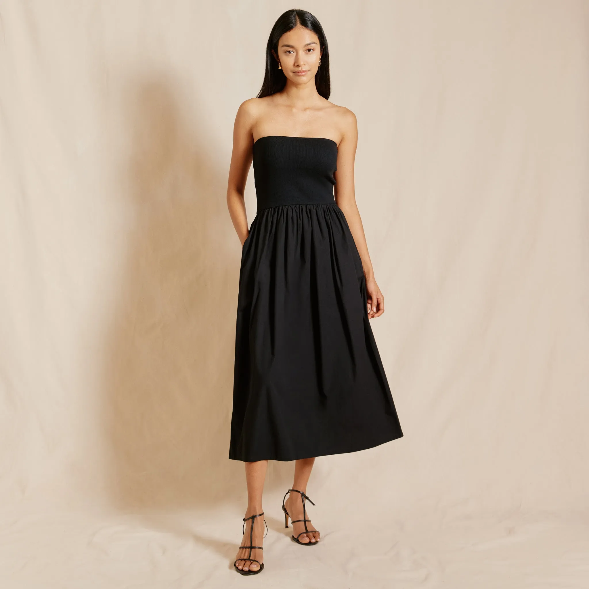 Black Jersey and Woven Mix Bandeau Dress