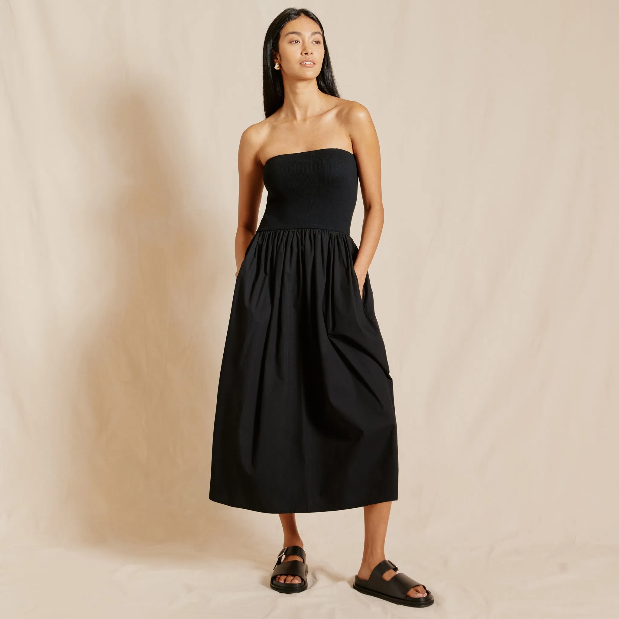 Black Jersey and Woven Mix Bandeau Dress