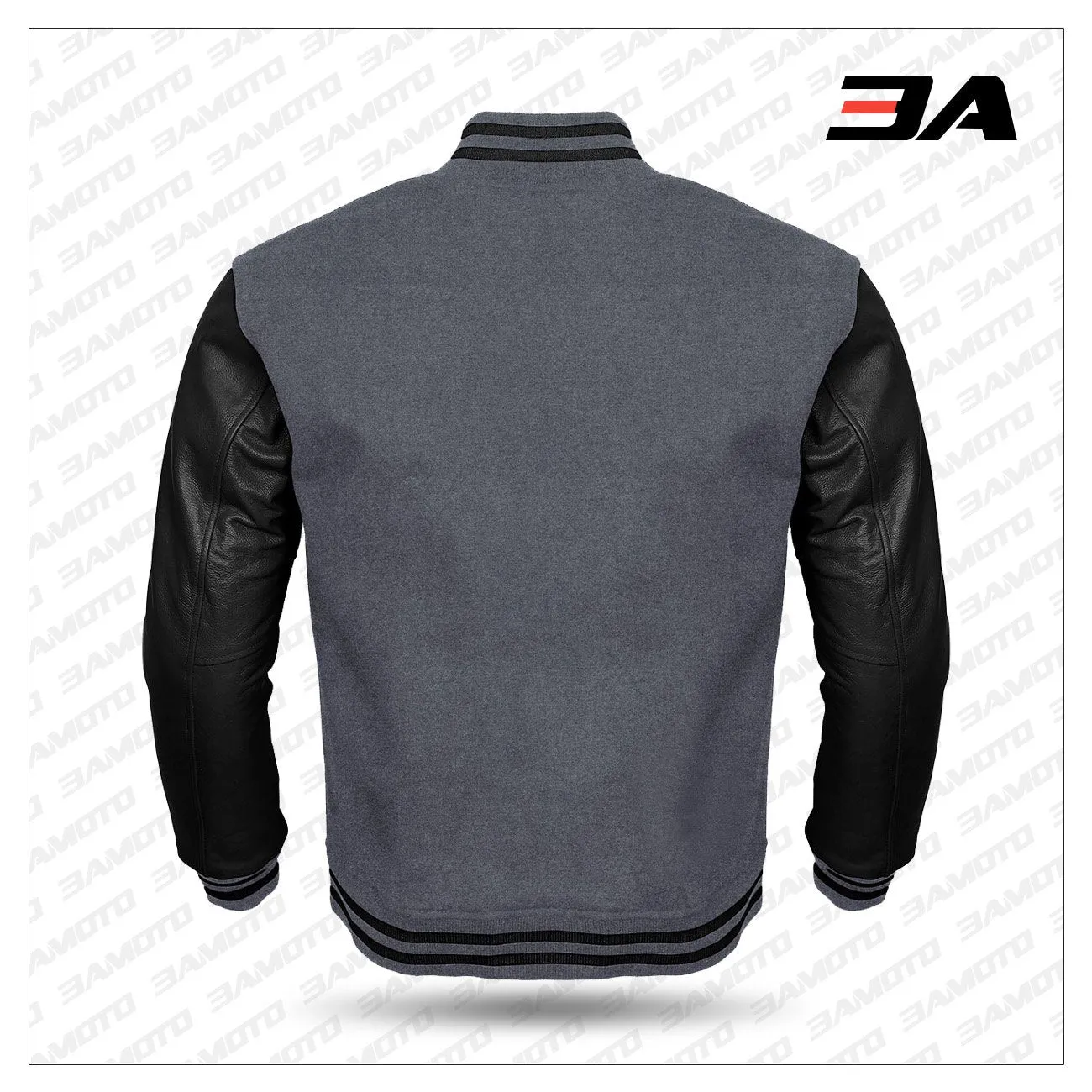 Black Leather Sleeves Gray Wool Varsity Jacket