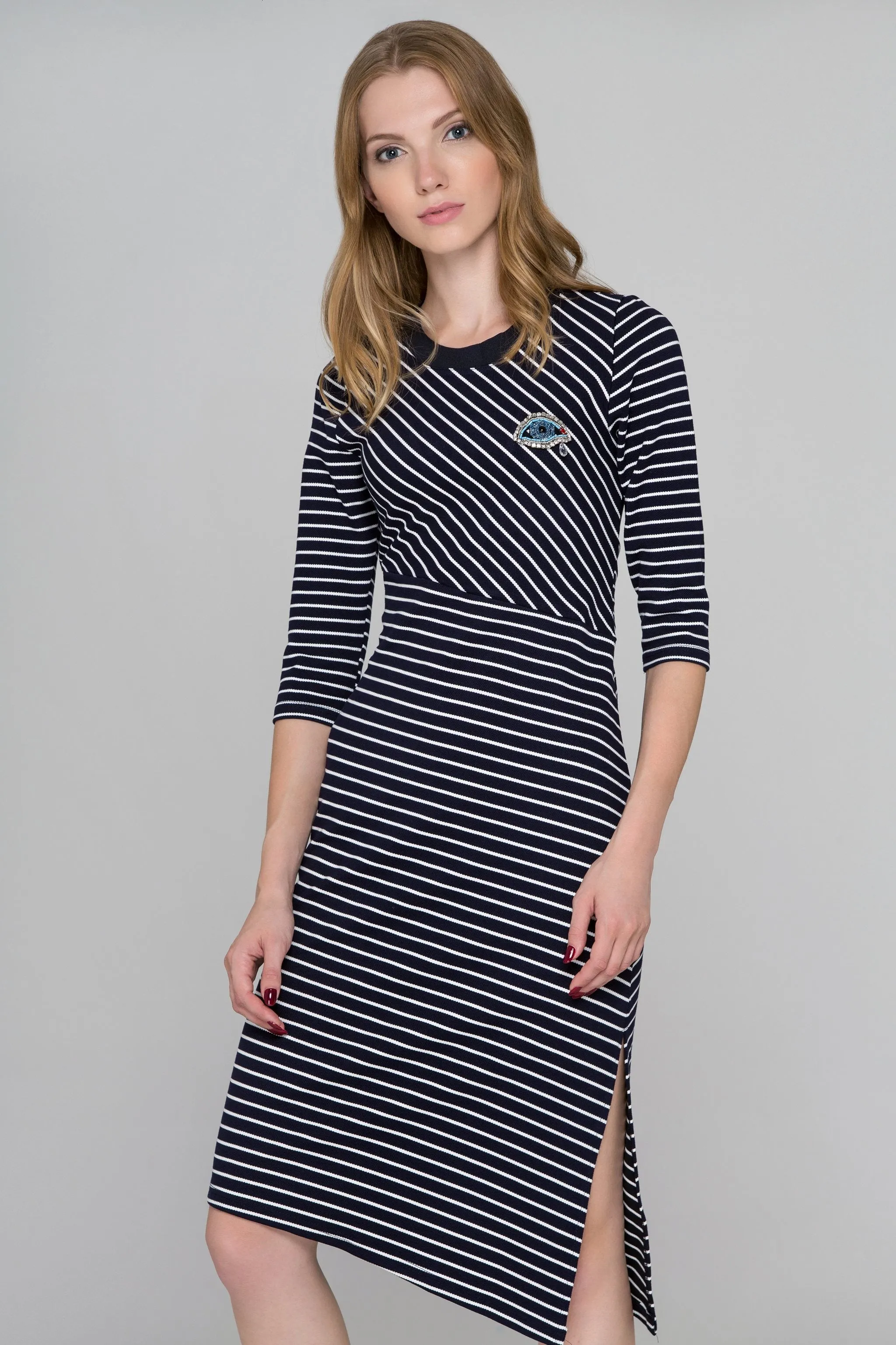 Blue Eyes Asymmetric Striped Midi Dress