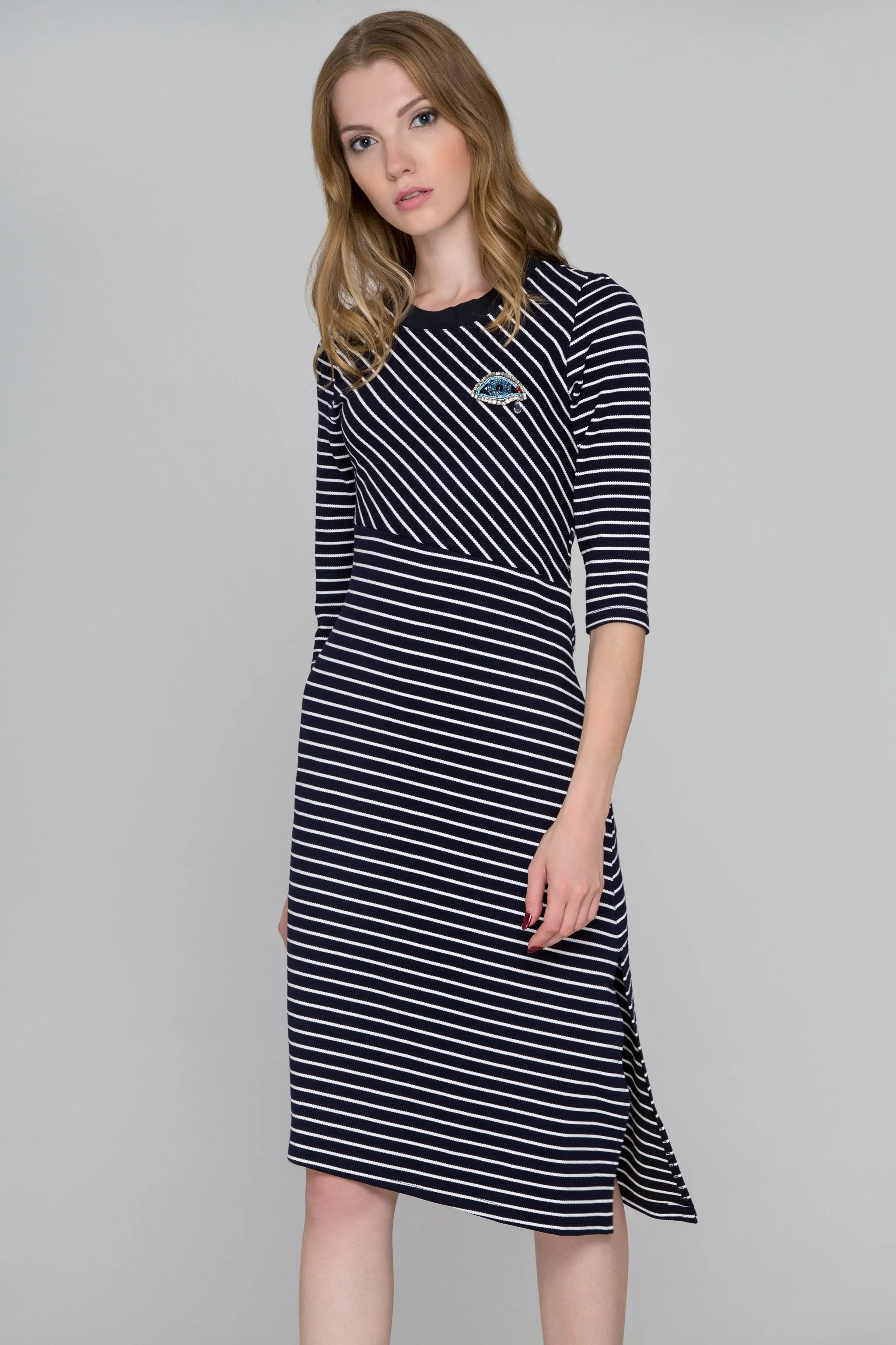 Blue Eyes Asymmetric Striped Midi Dress