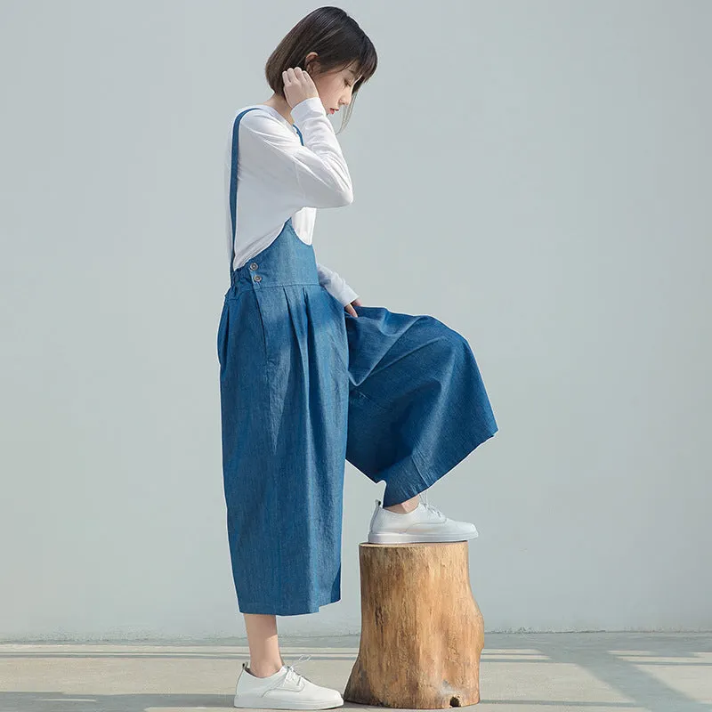 Blue Linen  wide Leg Pants Women Long  Jumpsuit