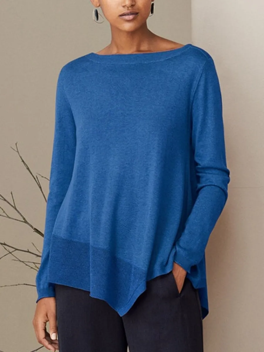 Boat Neck Casual Asymmetric Knit Sweater