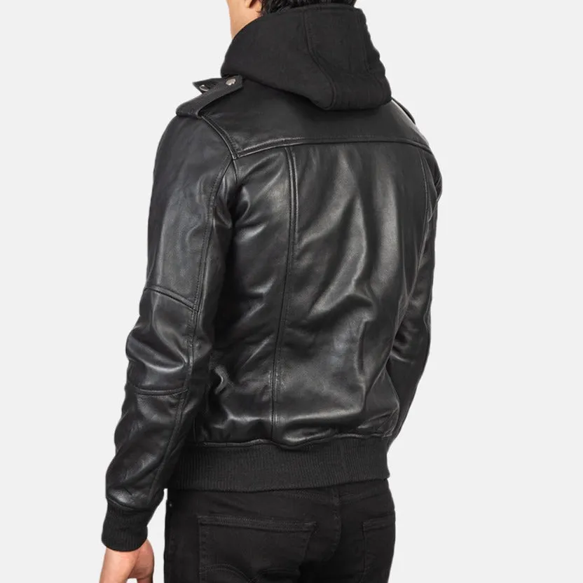 BOMBER-2413 Mush Black Hooded Leather Bomber Jacket