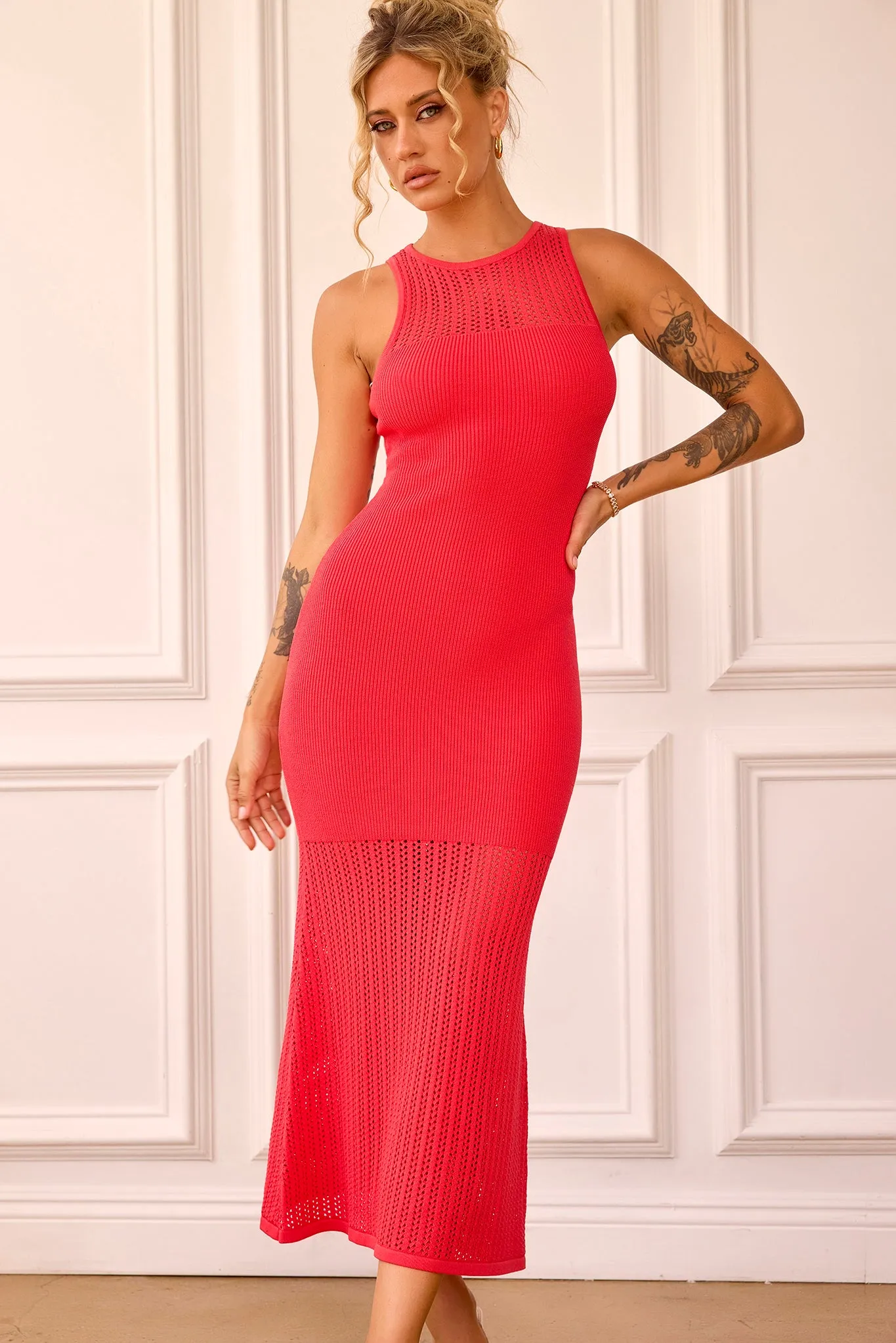 Butterfly Effect Knit Midi Dress - Red