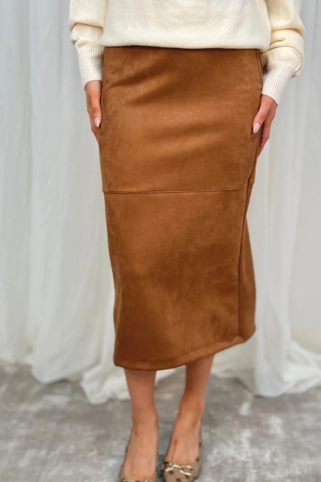 Caitlyn Faux Suede Midi Skirt In Light Brown