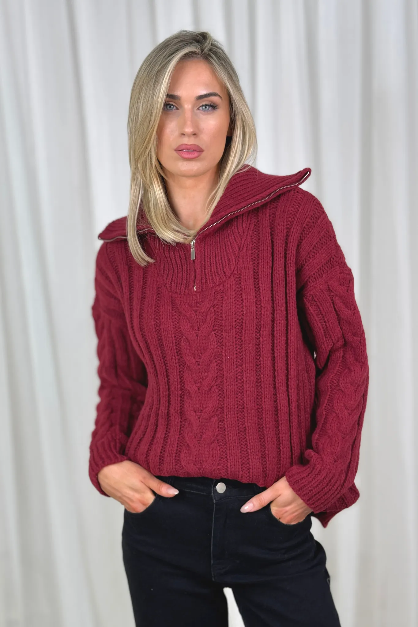 Caitlyn Half Zip Knit Jumper In Burgundy