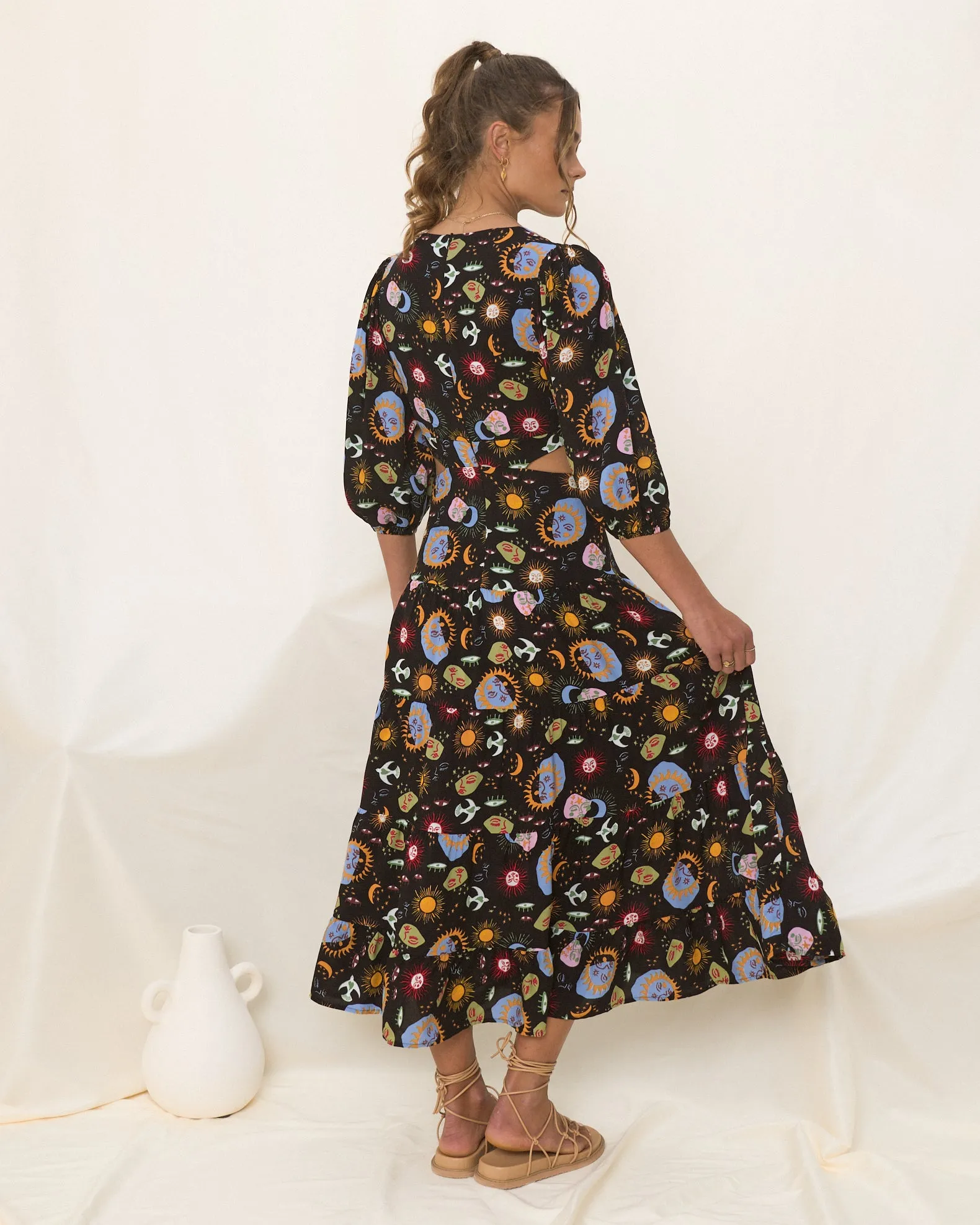 Celestia Black Abstract Sun and Moon Midi Dress