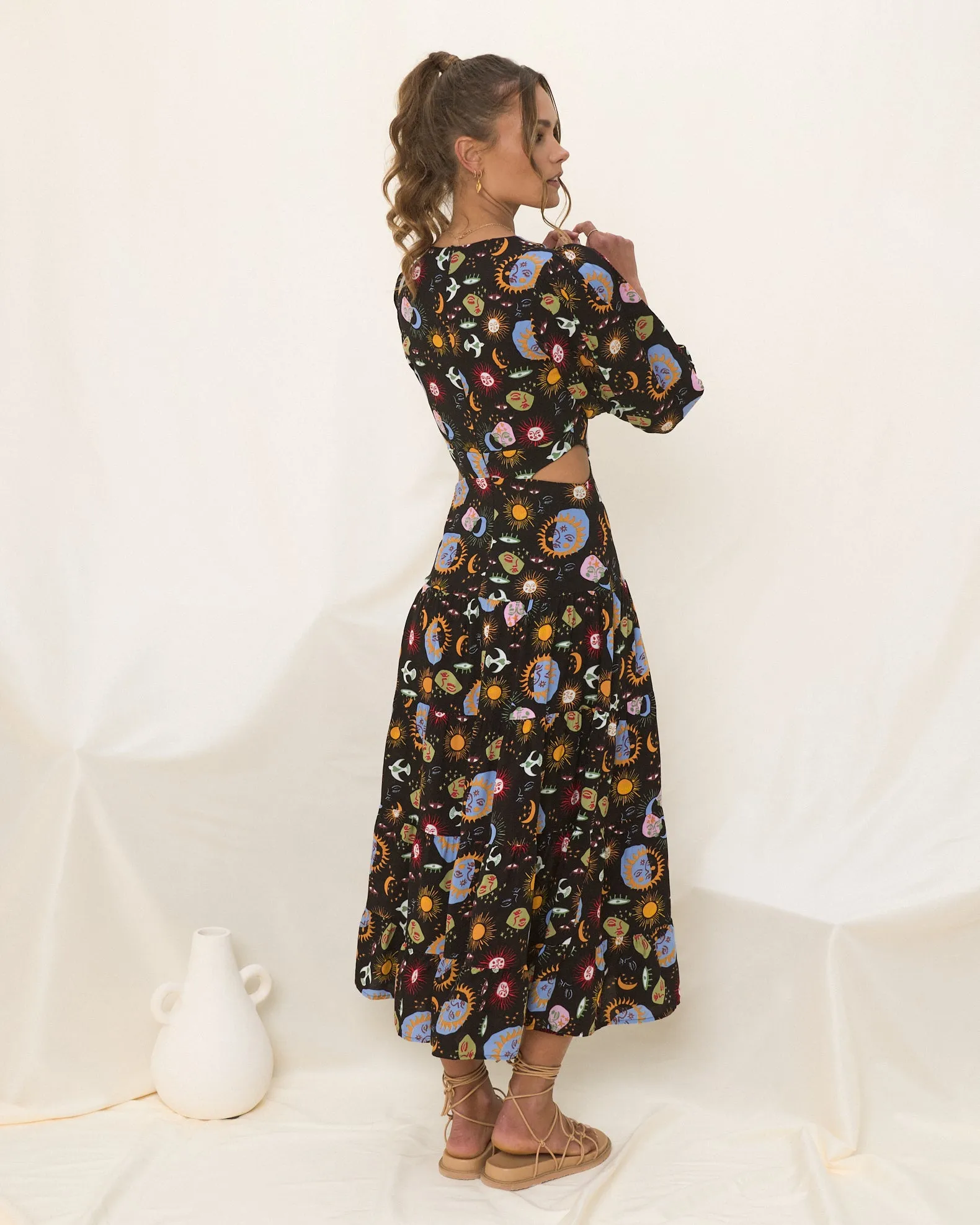 Celestia Black Abstract Sun and Moon Midi Dress