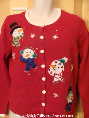 Cheesy Ugly Christmas Sweater with Carrot Nosed Snowmen