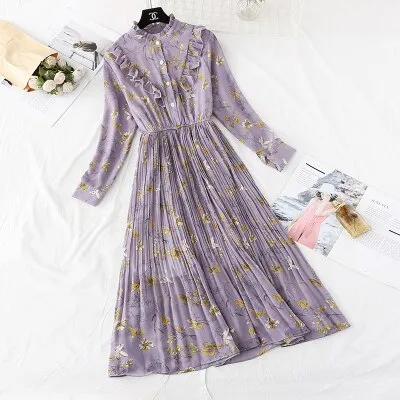 Christmas Gift Deanwangkt Spring and Autumn New Style Floral-Print Chiffon Dress Women's French Vintage Base Dress Fairy Immortal Dress