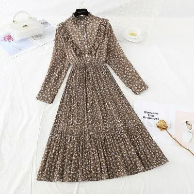 Christmas Gift Deanwangkt Spring and Autumn New Style Floral-Print Chiffon Dress Women's French Vintage Base Dress Fairy Immortal Dress