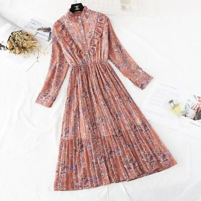 Christmas Gift Deanwangkt Spring and Autumn New Style Floral-Print Chiffon Dress Women's French Vintage Base Dress Fairy Immortal Dress