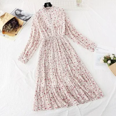 Christmas Gift Deanwangkt Spring and Autumn New Style Floral-Print Chiffon Dress Women's French Vintage Base Dress Fairy Immortal Dress