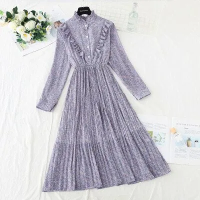 Christmas Gift Deanwangkt Spring and Autumn New Style Floral-Print Chiffon Dress Women's French Vintage Base Dress Fairy Immortal Dress