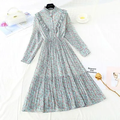 Christmas Gift Deanwangkt Spring and Autumn New Style Floral-Print Chiffon Dress Women's French Vintage Base Dress Fairy Immortal Dress