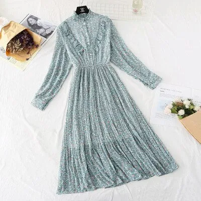 Christmas Gift Deanwangkt Spring and Autumn New Style Floral-Print Chiffon Dress Women's French Vintage Base Dress Fairy Immortal Dress